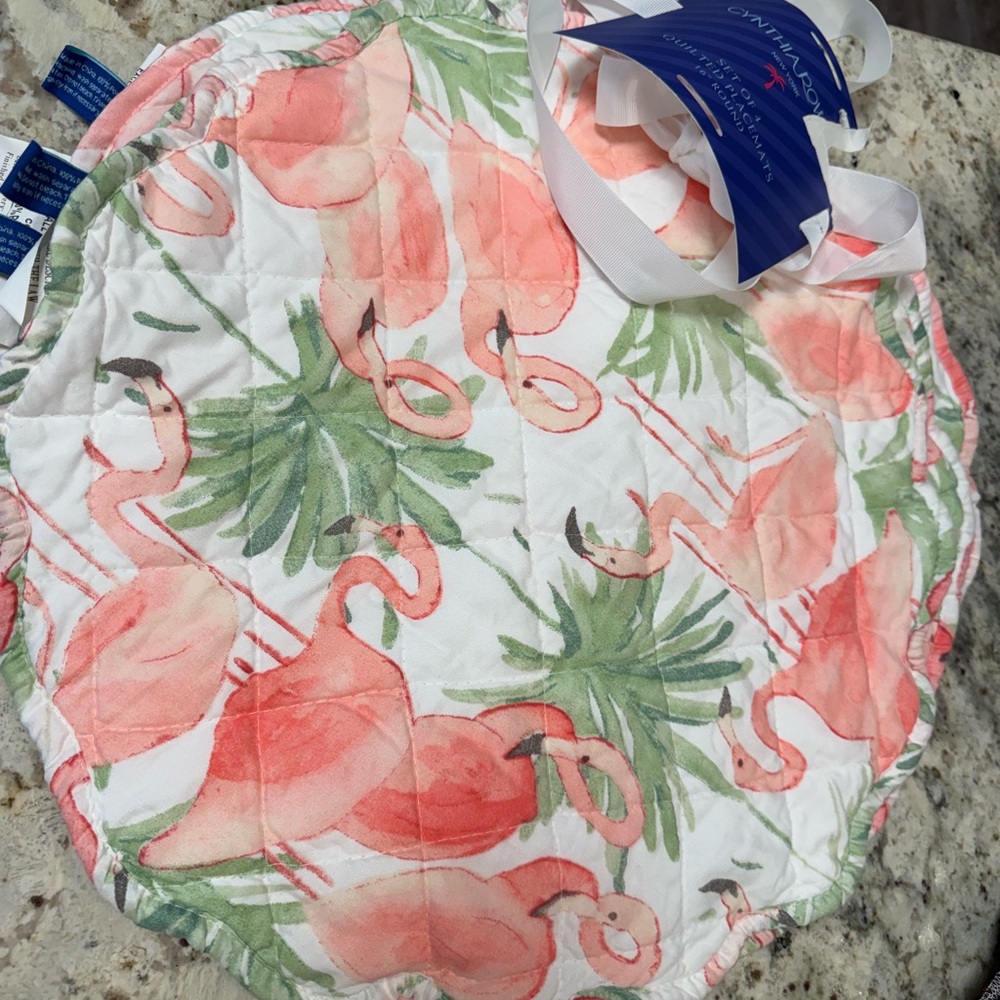 4 Cynthia Rowley New York Quilted Placemats Flamingo Geometric Prints 16" Round